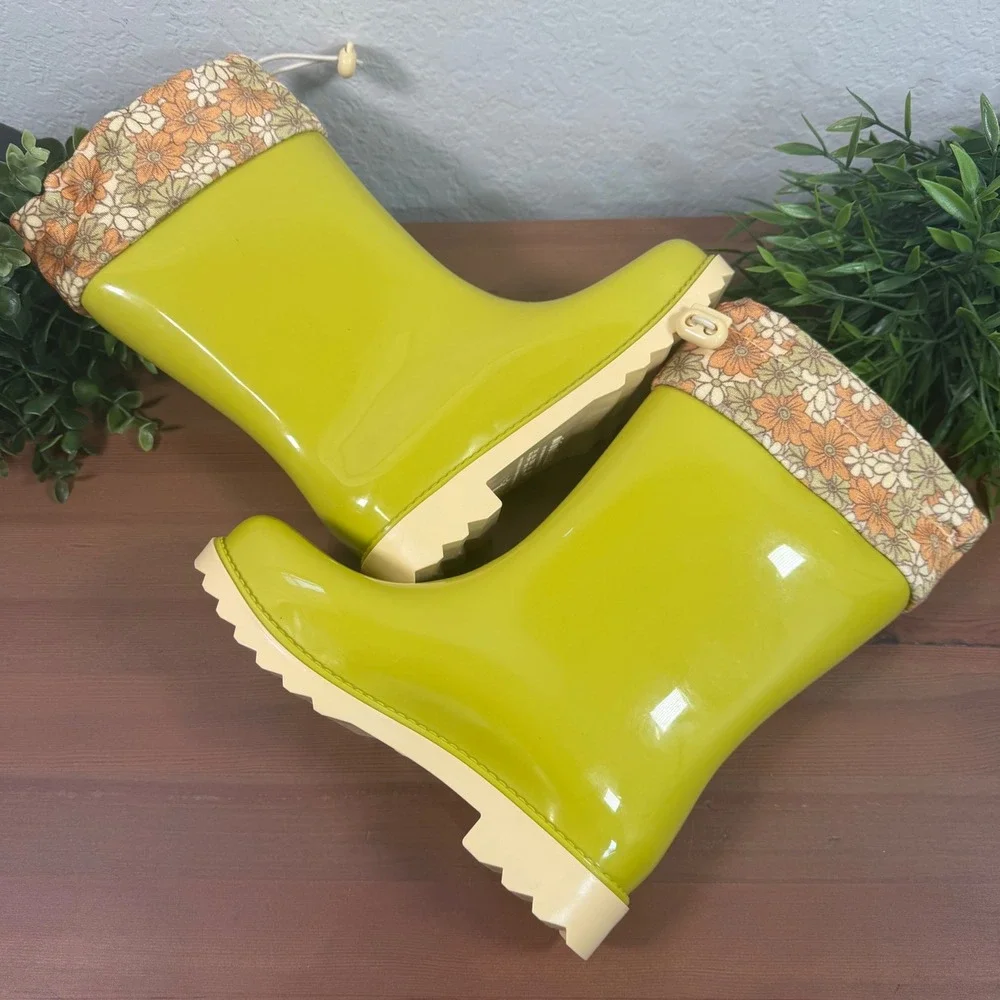Mini Melissa Girls Rain Boot Green Yellow Floral Print Cuff Rain Boots Size 4